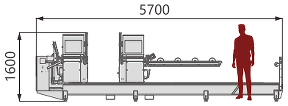 DS150 Double-Head Cutting Saw — Front view · 5700 mm along the bed · 1600 mm high