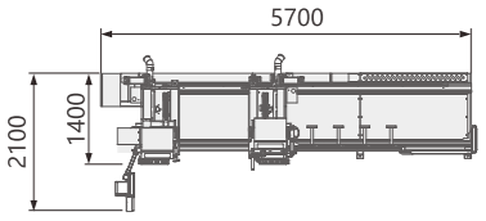 DS150 Double-Head Cutting Saw — Top view · 5700 mm long · 2100 mm overall depth · 1400 mm machine body
