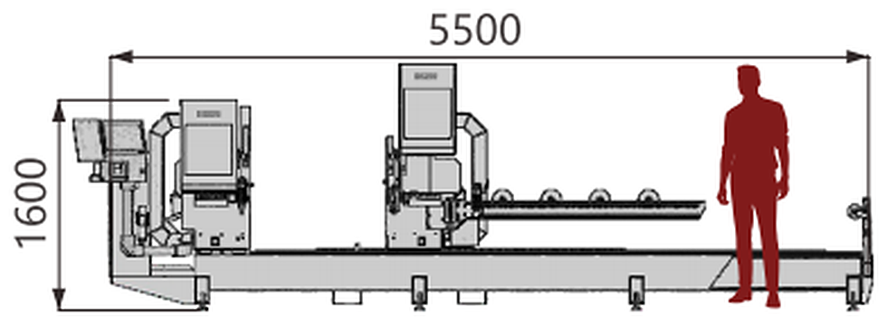 DS250 Double-Head Cutting Saw — Front view · 5500 mm along the bed · 1600 mm high