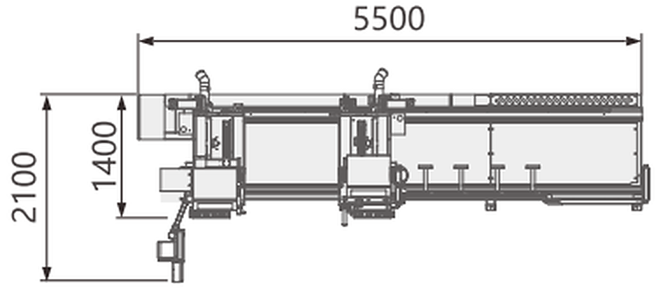 DS250 Double-Head Cutting Saw — Top view · 5500 mm long · 2100 mm overall depth · 1400 mm machine body