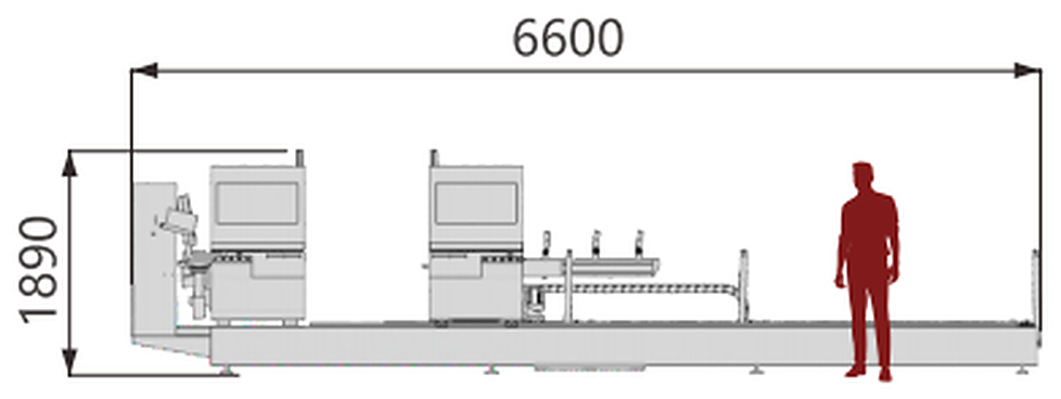 DSR600 Any-Angle Cutting Saw — Front view · 6600 mm along the bed · 1890 mm high