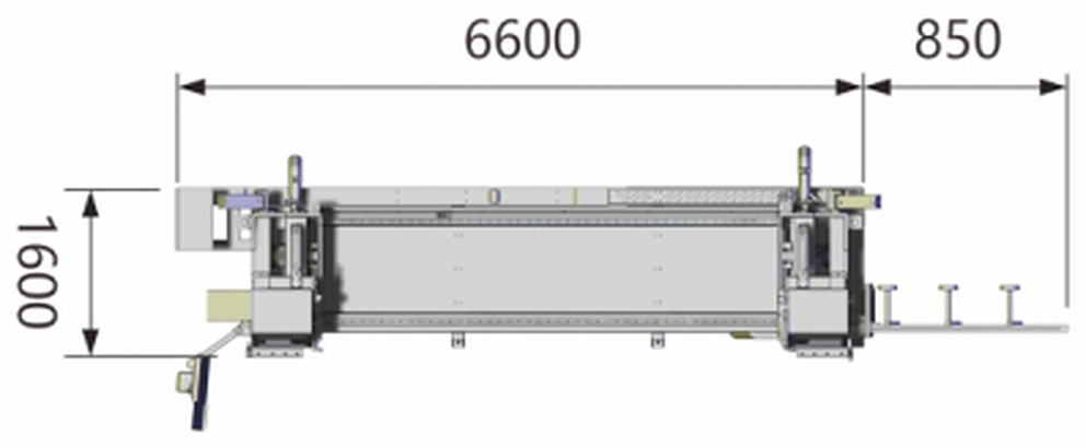 DSR600 Any-Angle Cutting Saw — Top view · 6600 mm bed + 850 mm rear section · 1600 mm wide