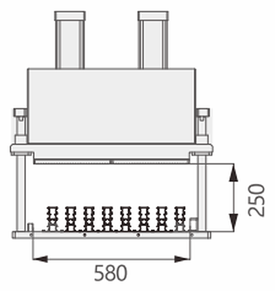 EM620 CNC End-Milling Machine — Worktable front view · clamping width 580 mm · clamping height 250 mm