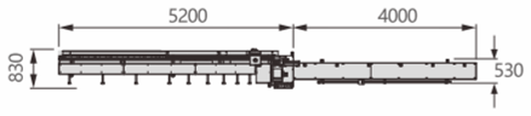 GLS300 Auto Length-Setting Cutting Saw — Top view · 5200 mm in-feed module + 4000 mm out-feed module (9200 mm overall) · 830 / 530 mm deep