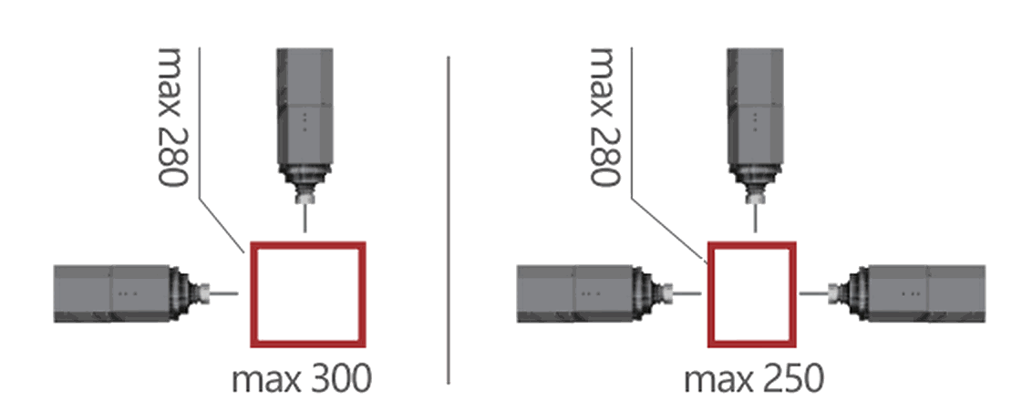 M4-7000 مركز معالجة رباعي المحاور — نطاق الحفر والتفريز · يساراً: معالجة وجهين، حتى 280 × 300 مم · يميناً: معالجة ثلاثة أوجه، حتى 280 × 250 مم (شوط مخصص متاح للمقاطع الكبيرة)